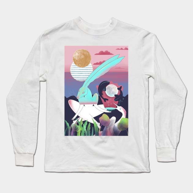 White rabbit meditates in the evening Long Sleeve T-Shirt by annaonik